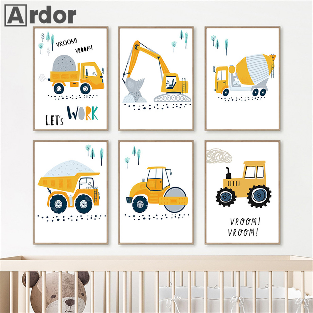 어린이 포스터 만화 트랙터 트럭 굴착기 크레인 캔버스  - Heavy Equipment Background 리뷰 및 가격