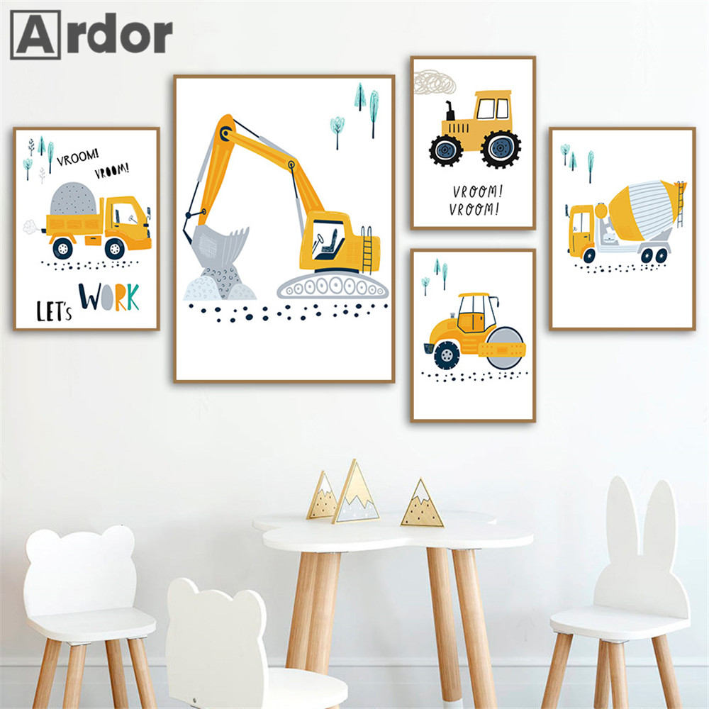 어린이 포스터 만화 트랙터 트럭 굴착기 크레인 캔버스  - Heavy Equipment Background 리뷰 및 가격