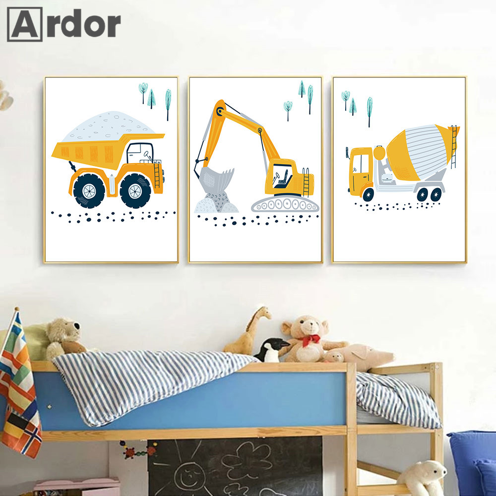 어린이 포스터 만화 트랙터 트럭 굴착기 크레인 캔버스  - Heavy Equipment Background 리뷰 및 가격